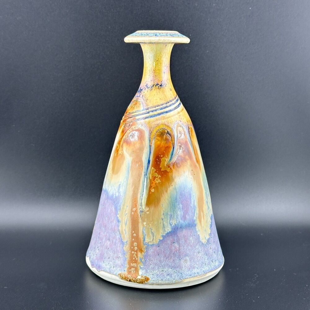 Phil Mayhew Pottery Vase Multicolor Drip Glaze Artist Signed 7" H Tennessee